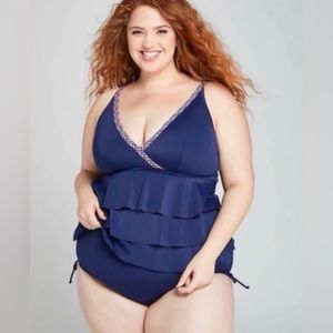 Cacique navy no wire braided ruffle tiered v-neck tankini top. Size 16